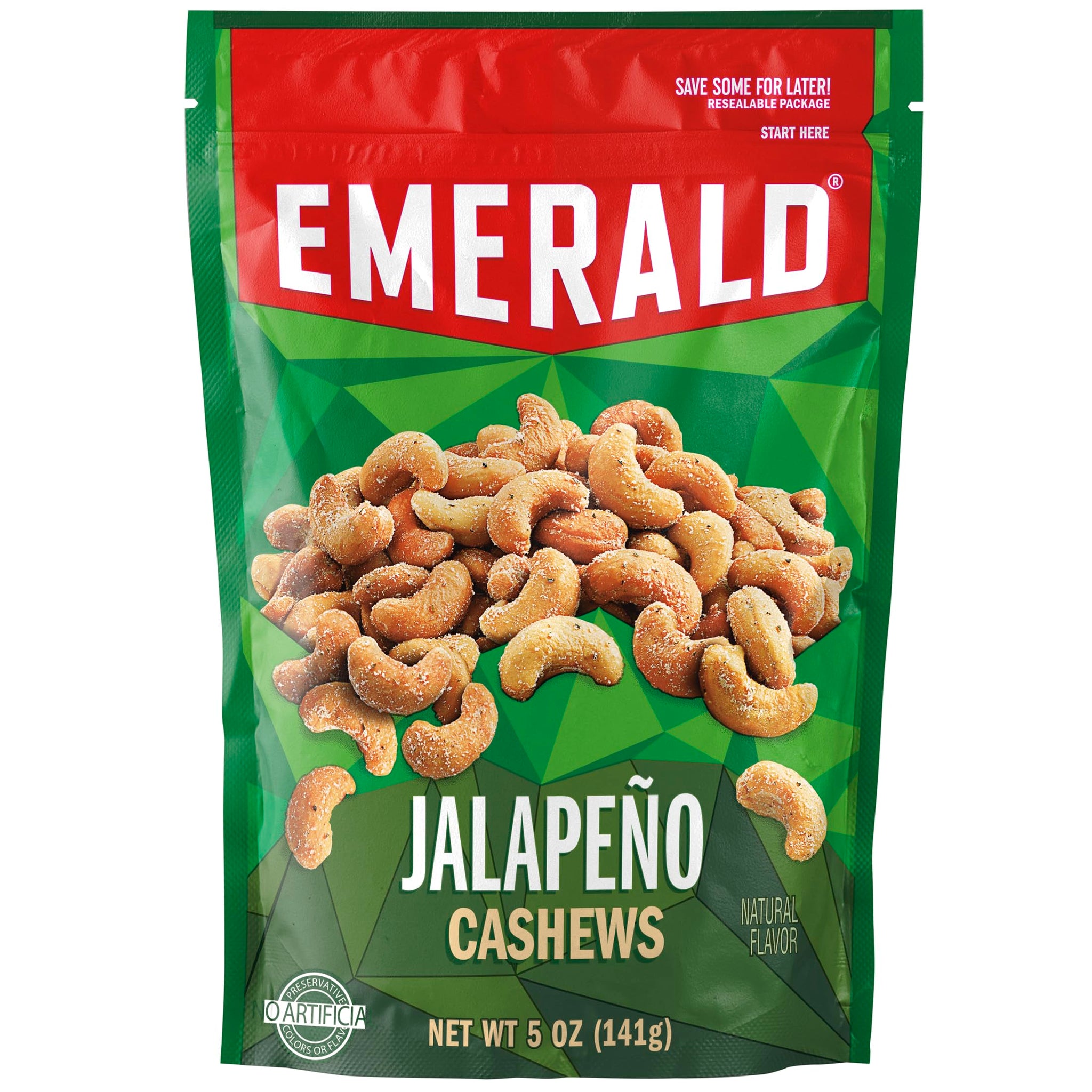 Emerald Nuts, Jalapeno Cashews, 5 Oz, Resealable Bag (Pack of 4)