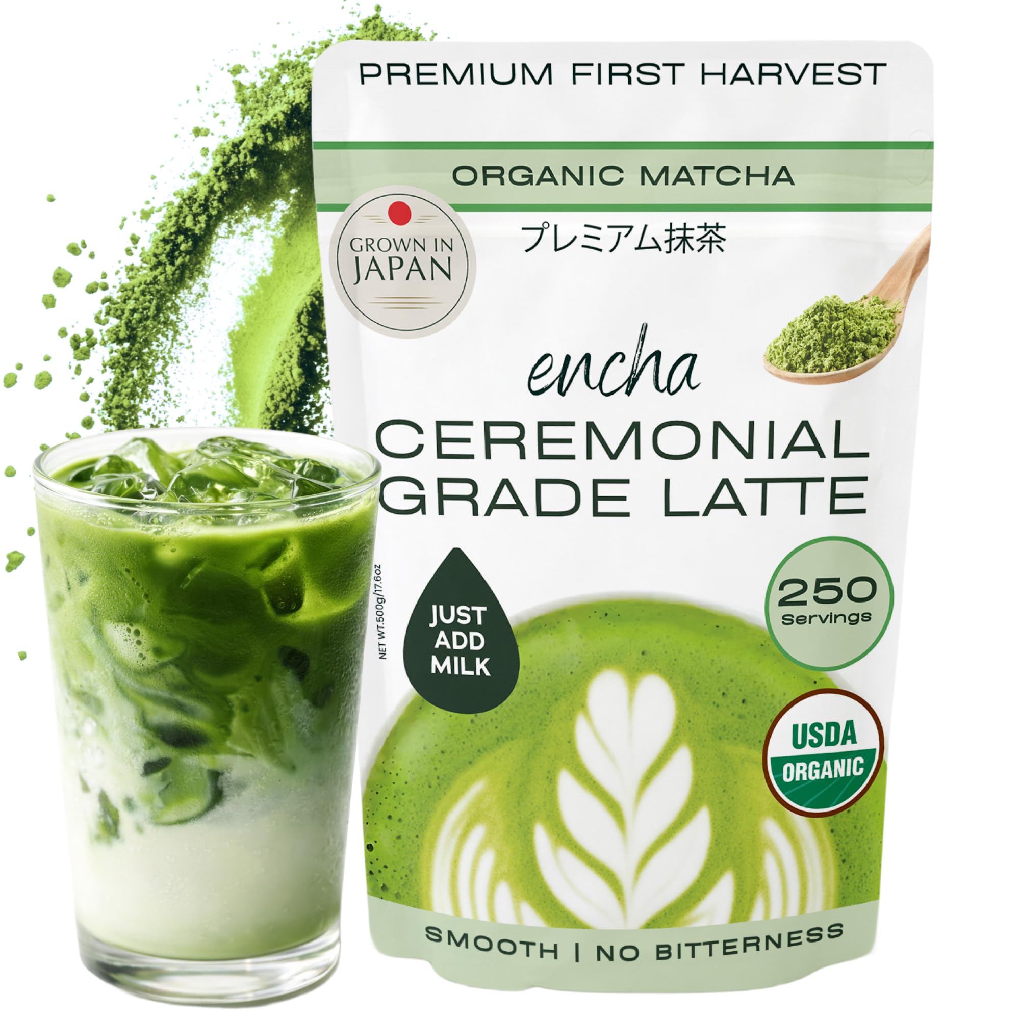 Encha Matcha - Latte Grade Matcha Powder - Unsweetened, First Harvest, Organic Green Tea Powder From Uji, Japan (500g / 1lb) Premium for Latte