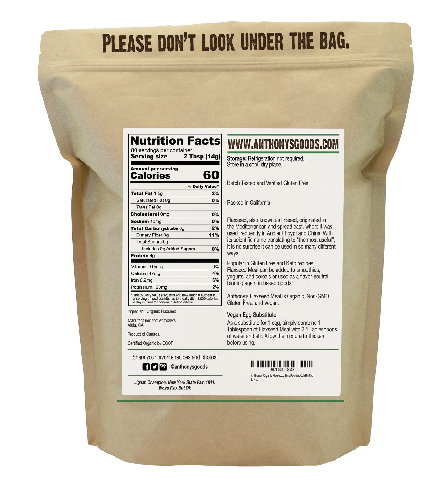 Anthony's Organic Flaxseed Meal, 2.5 lb, Gluten Free, Ground Ultra Fine Powder, Cold Milled, Keto Friendly