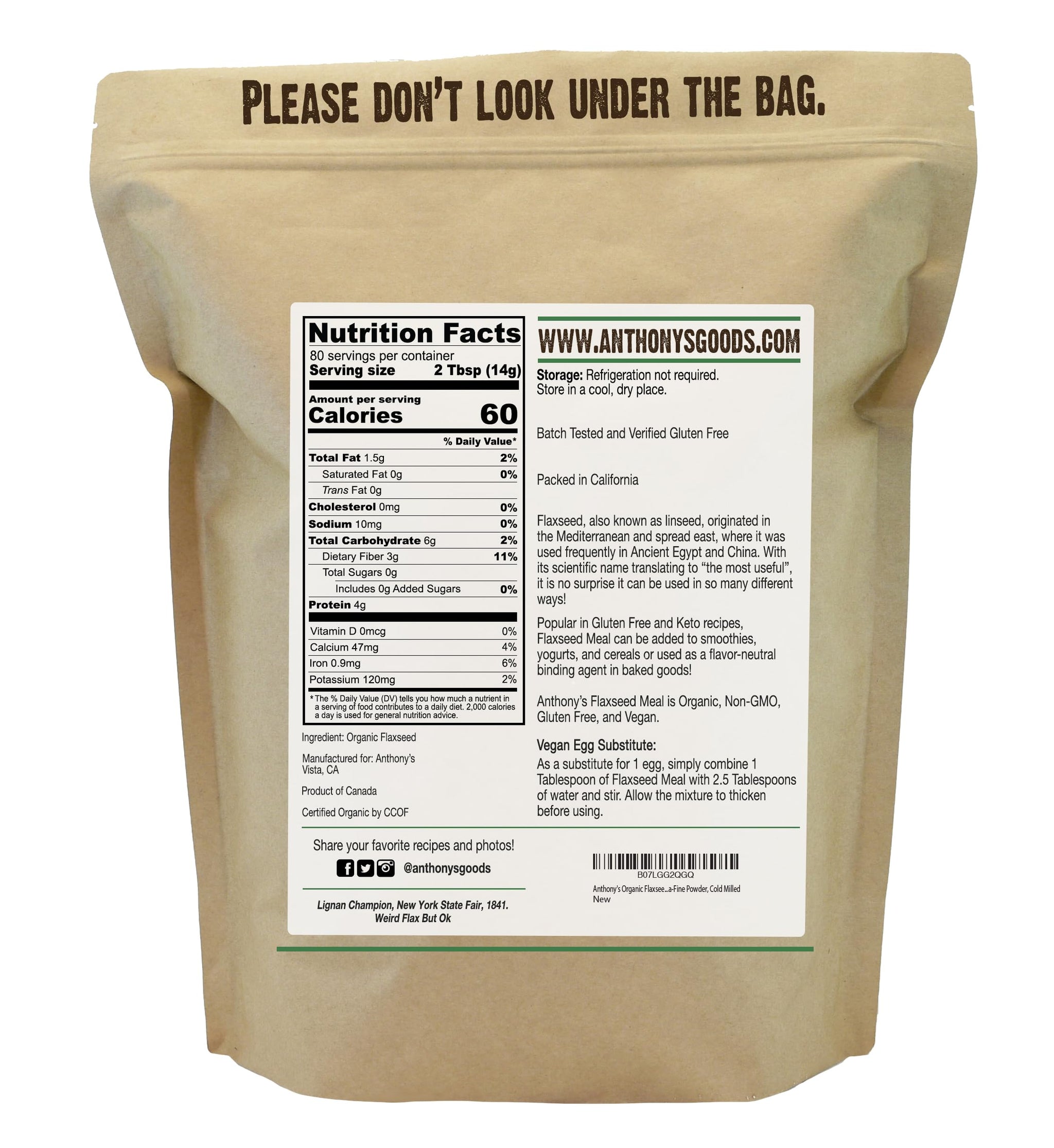 Anthony's Organic Flaxseed Meal, 2.5 lb, Gluten Free, Ground Ultra Fine Powder, Cold Milled, Keto Friendly