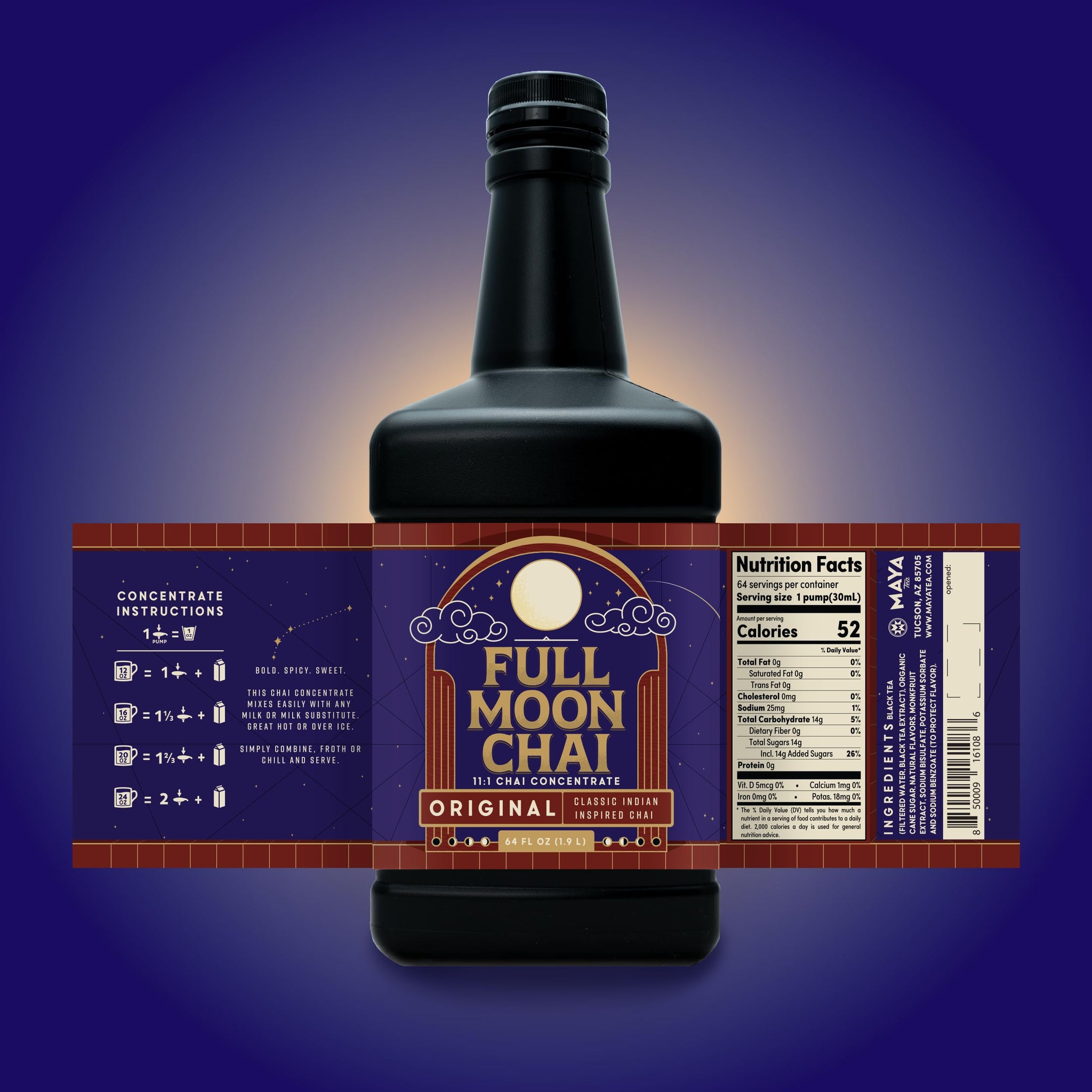 Maya Tea Full Moon Chai Concentrate, Original Classic Indian Inspired, Organic Cane Sugar, Natural Flavors, 64 Ounce with White Pump