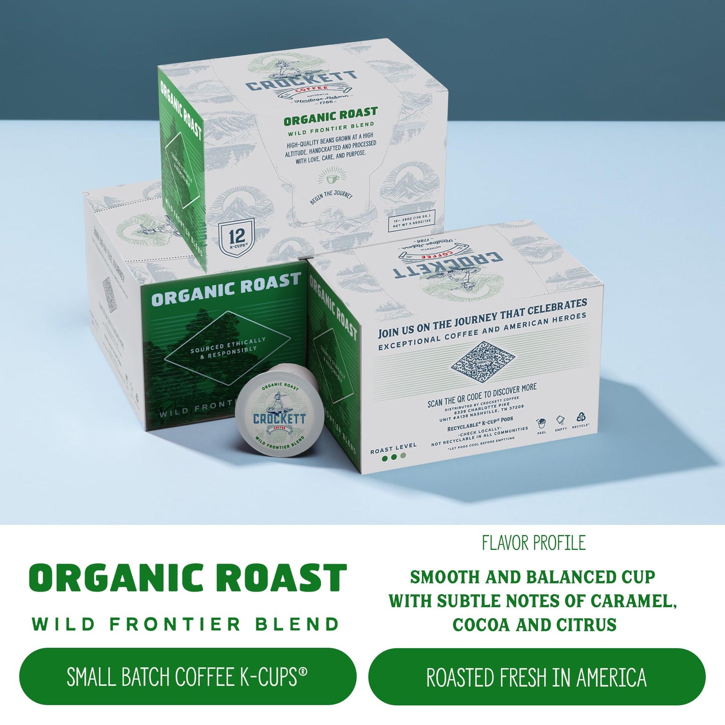 Crockett Organic K Cups Coffee - USDA Organic Medium Roast Coffee Pods with Clean Flavor, Balanced Body & Natural Energy - Single Serve for Smooth