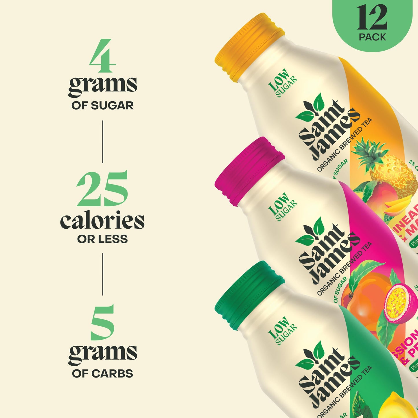 Saint James Iced Tea - Organic Green Tea - Non GMO, Gluten Free, Low Calorie & Low Sugar - Variety Green Tea Flavors, 12 Pack (16.9 fl oz each)