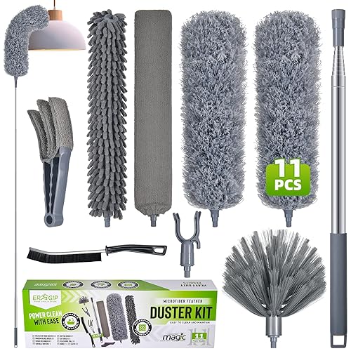 Extendable Feather Duster with Extension Pole 30 to 100 Inches, 11 Pcs Cleaning Kit with Microfiber Feather Dusters, Crevice Cleaning Brush