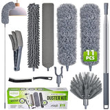 Extendable Feather Duster with Extension Pole 30 to 100 Inches, 11 Pcs Cleaning Kit with Microfiber Feather Dusters, Crevice Cleaning Brush