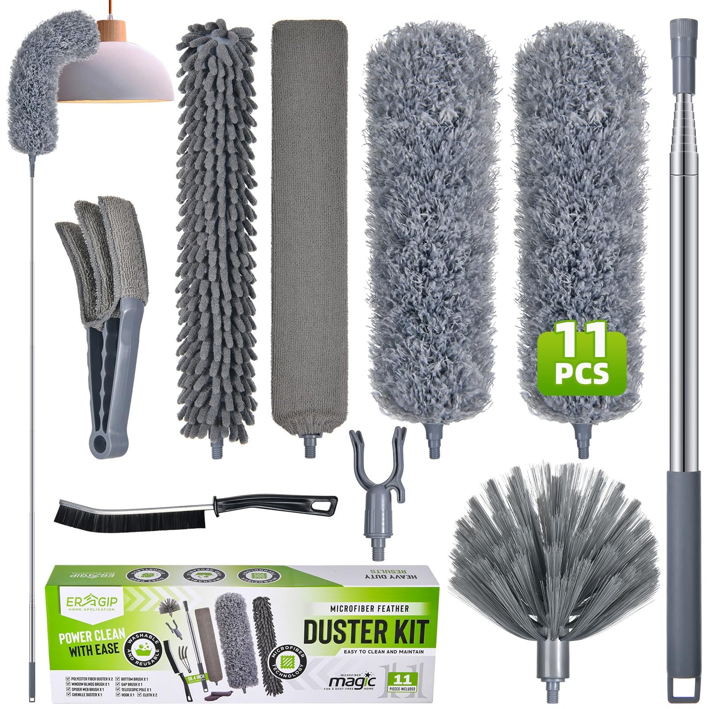 Extendable Feather Duster with Extension Pole 30 to 100 Inches, 11 Pcs Cleaning Kit with Microfiber Feather Dusters, Crevice Cleaning Brush