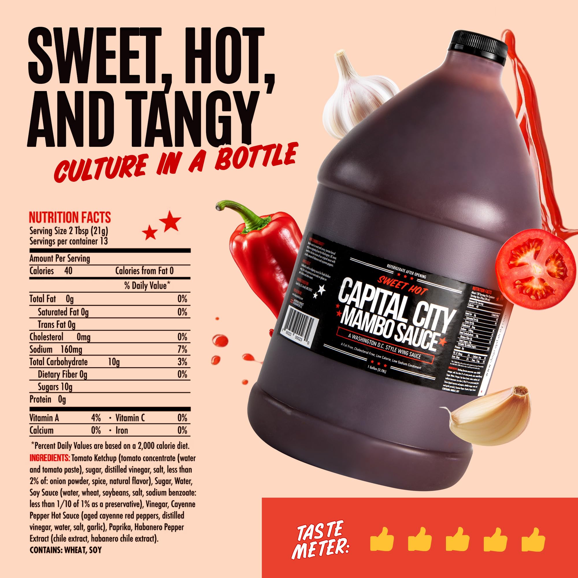 Capital City Mambo Sauce Sweet Hot, Washington DC Wing Sauces, Perfect Condiment for Wings Chicken Pork Beef Seafood Burgers Rice or Noodles, 128oz (1