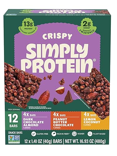 Simply Protein - Crispy Vegan Protein Bars Variety Pack, 3 Flavors - Plant Based, Protein Snacks - 13g Protein, 2g Sugar, 7g Fiber - Gluten Free, Non