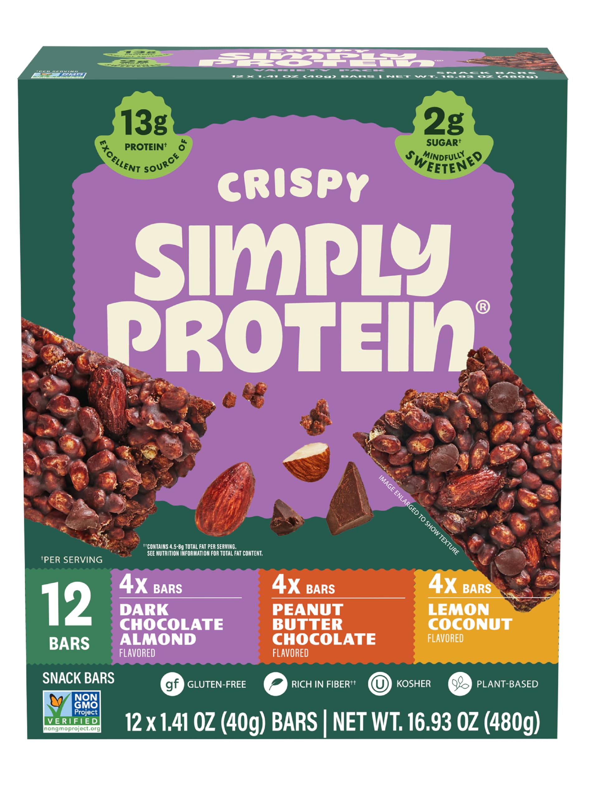 Simply Protein - Crispy Vegan Protein Bars Variety Pack, 3 Flavors - Plant Based, Protein Snacks - 13g Protein, 2g Sugar, 7g Fiber - Gluten Free, Non