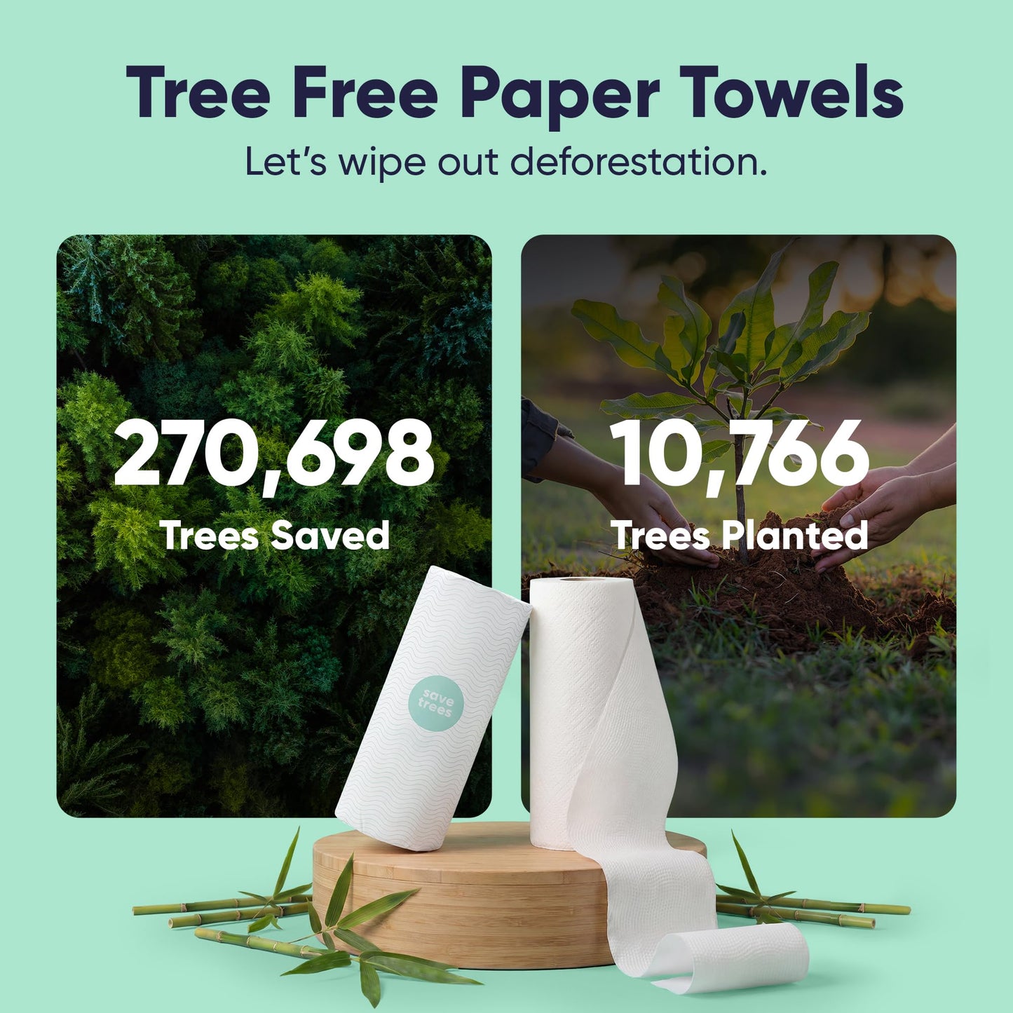Save Trees Bamboo Paper Towels 24pk - 3600 Sheets Rolls Ultra Absorbent & Durable Eco-Friendly Paper Towels -FSC-Certified, Vegan