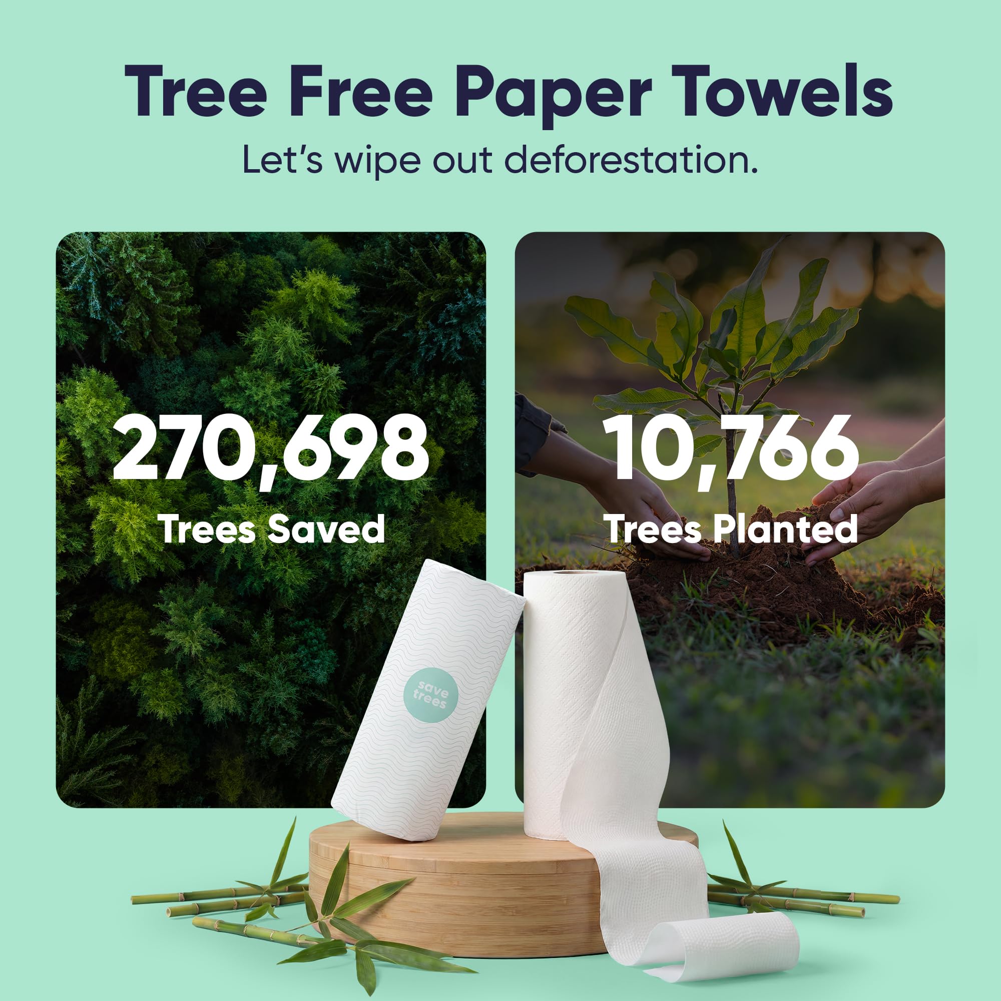 Save Trees Bamboo Paper Towels 6pk - 750 Sheets Paper Towels Rolls Ultra Absorbent & Durable Eco-Friendly - FSC-Certified, totally Plastic-Free
