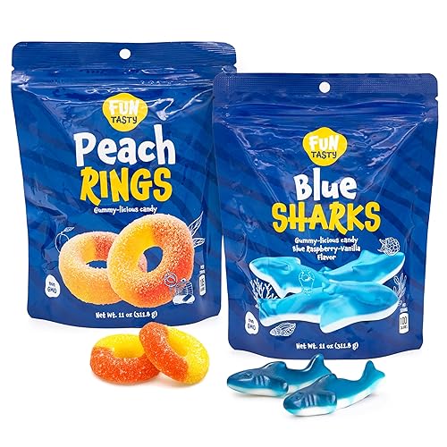 Gummy Sharks, Peach Rings - 2 Packs (22 Oz Total) - Gummy Candy for Snacking, Sharing, Gift Baskets & Dessert Decorating - Chewy Candy with Blue