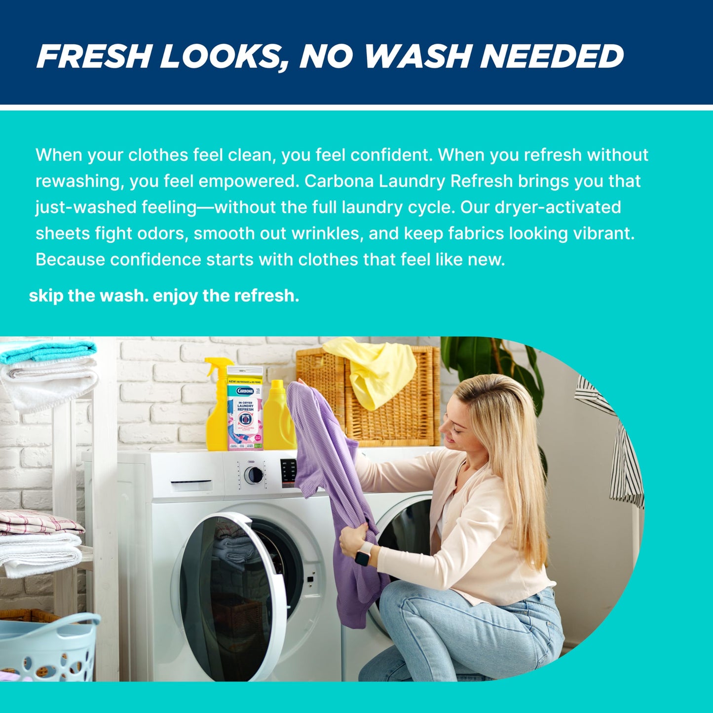 Carbona Laundry Refresh Dryer Sheets 15ct | Odor Eliminator, Wrinkle Releaser, Fabric Softener | Heat-Activated, Static Reducer, Prevents Shrinking