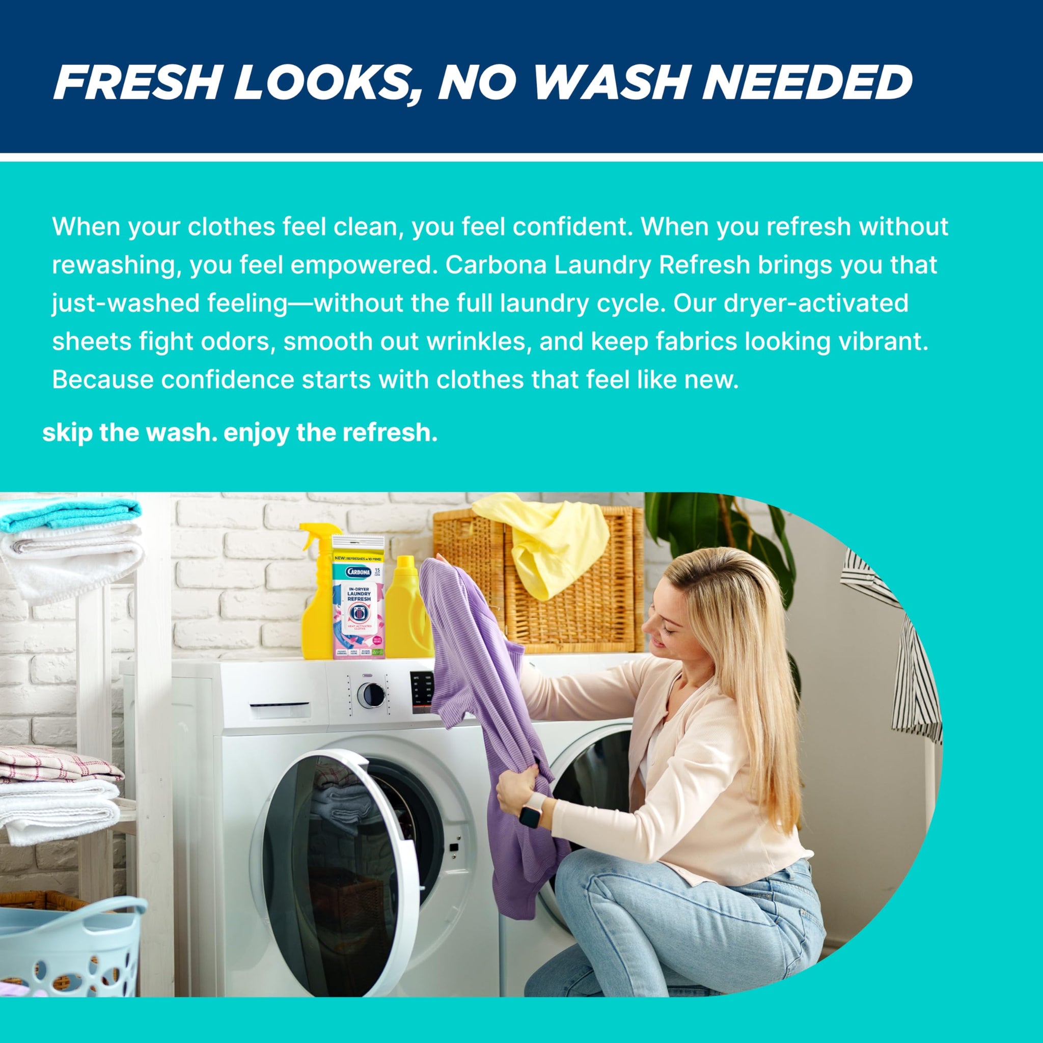 Carbona Laundry Refresh Dryer Sheets 15ct | Odor Eliminator, Wrinkle Releaser, Fabric Softener | Heat-Activated, Static Reducer, Prevents Shrinking