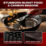 Cast Iron Scrub Brush with Heavy Duty Scraper - Nylon Bristles Dish Scrubber for Pans, Skillets and Woks - Kitchen Cleaner Removes Grime, Grease, Food