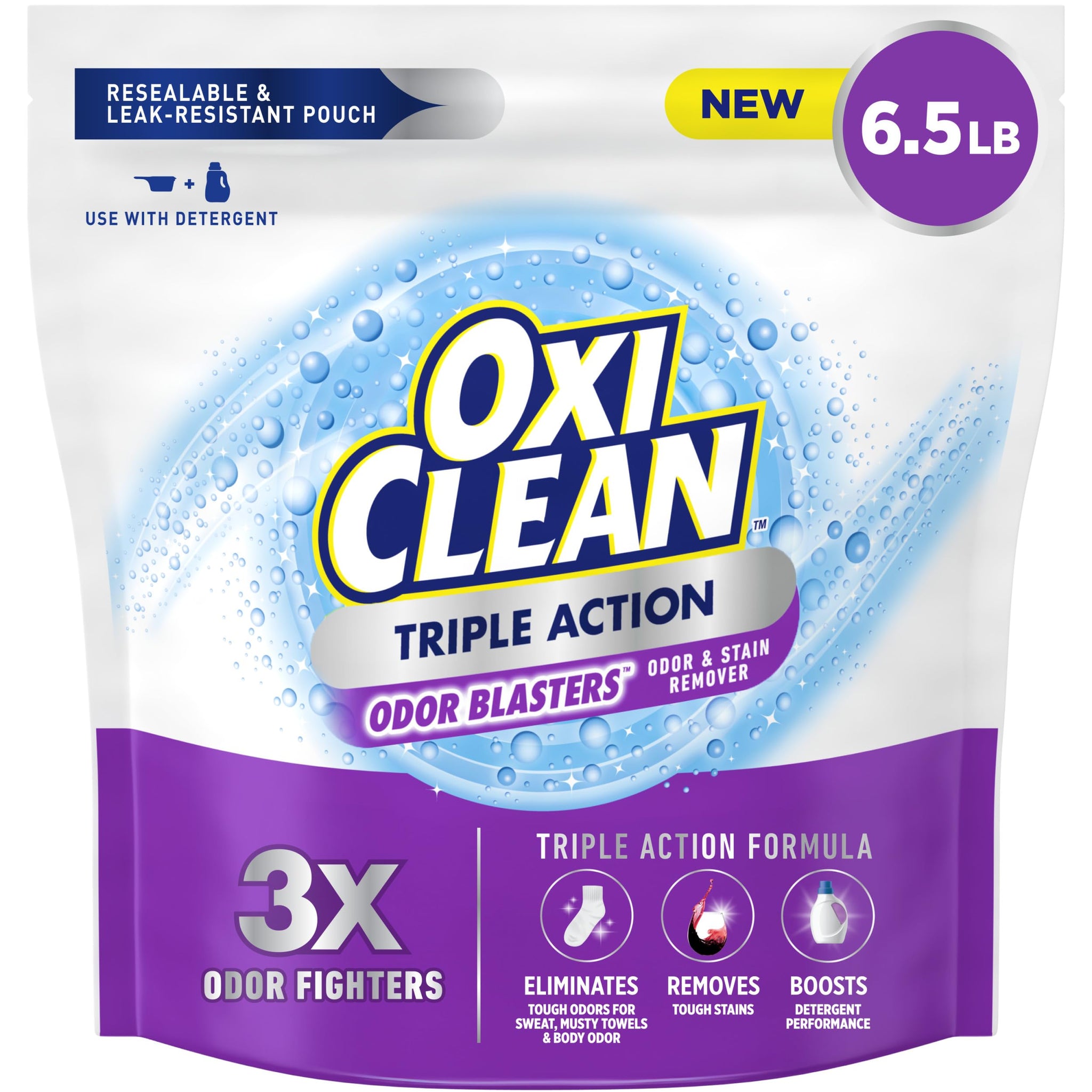 OxiClean Triple Action Odor Blasters Odor and Stain Remover Powder, Use with Detergent, Eliminates Tough Odors and Removes Stains, Color Safe