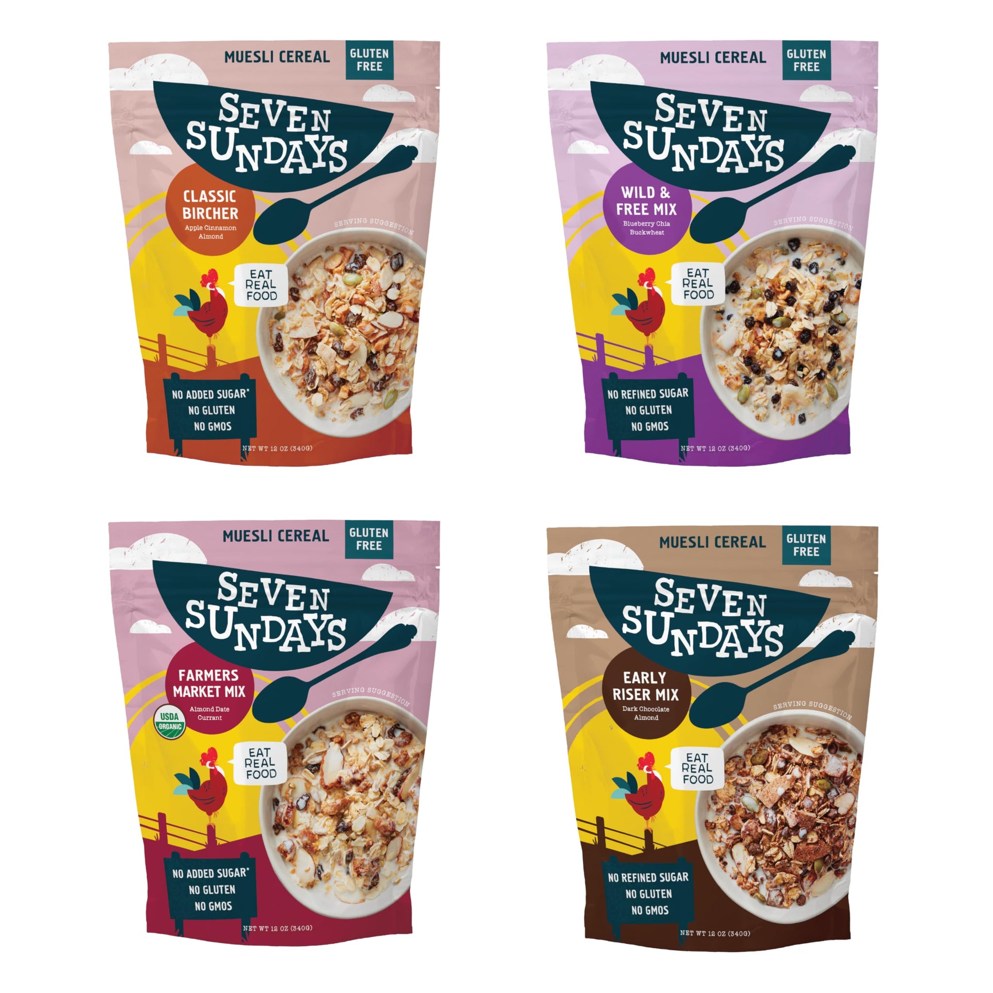 Seven Sundays Muesli Cereal Variety Pack - 4 Count, 12 Oz Bag - Certified Gluten Free Muesli - Non GMO, No Refined Sugar and Kosher