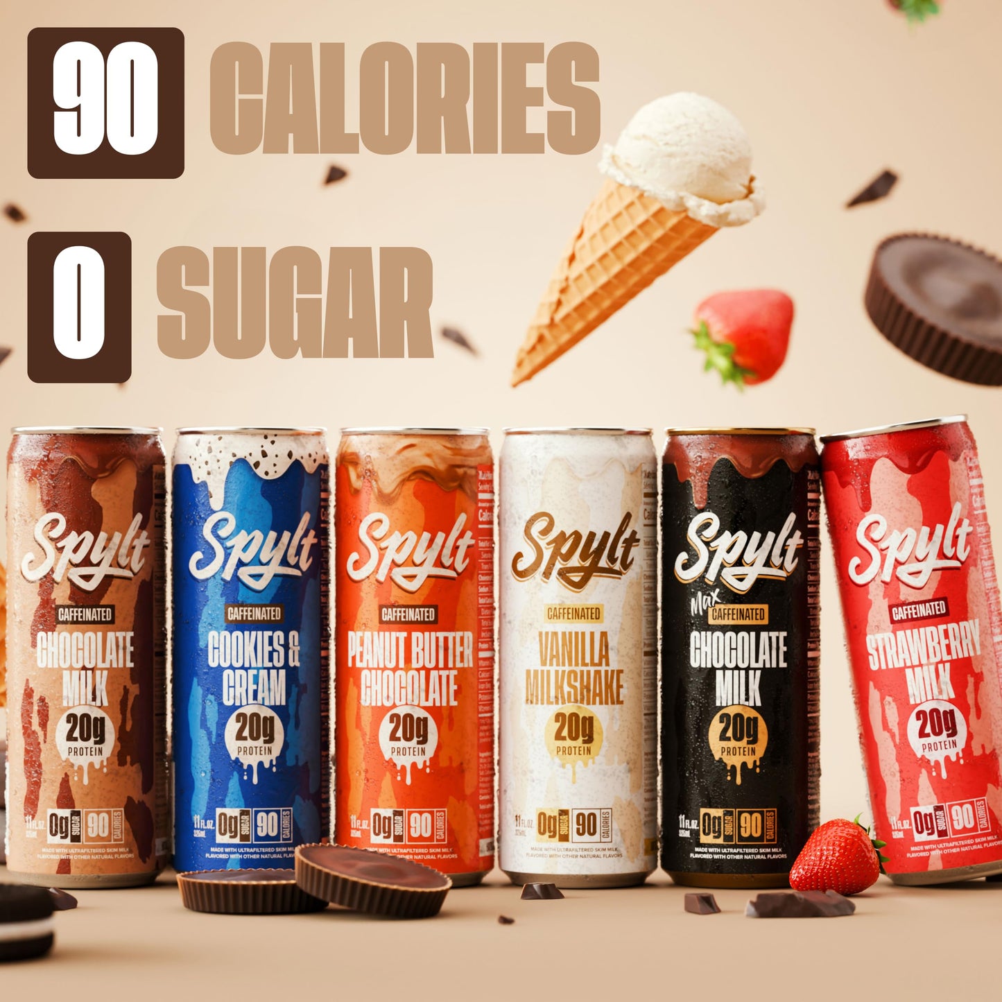 Spylt High Protein Milk - 6 Flavor Variety Pack with 60mg Caffeine & 20g Protein - 90 Calories, Ready to Drink, Sugar Free, Lactose Free Milk, Perfect