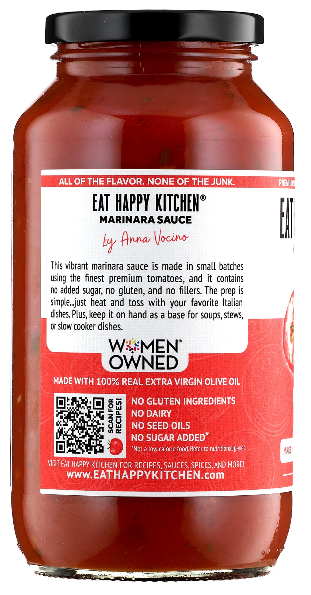 Eat Happy Kitchen Marinara Sauce - Made with Premium California Tomatoes & Extra Virgin Olive Oil - No Sugar Added, No Seed Oils, No Fillers, Gluten