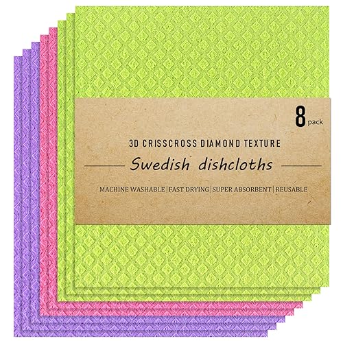 Swedish Dish Cloths - 8 Pack Reusable, Absorbent Hand Towels for Kitchen, Counters & Washing Dishes - Cellulose Sponge Cloth - Eco Friendly Gifts