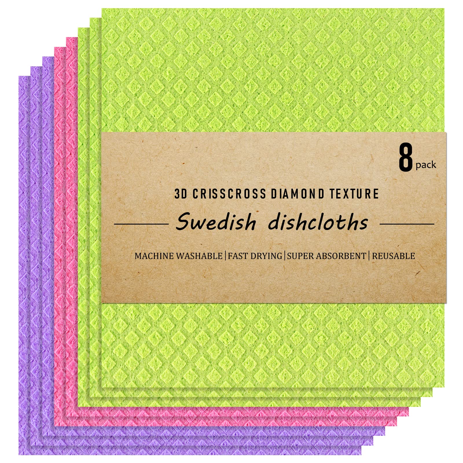 Swedish Dish Cloths - 8 Pack Reusable, Absorbent Hand Towels for Kitchen, Counters & Washing Dishes - Cellulose Sponge Cloth - Eco Friendly Gifts
