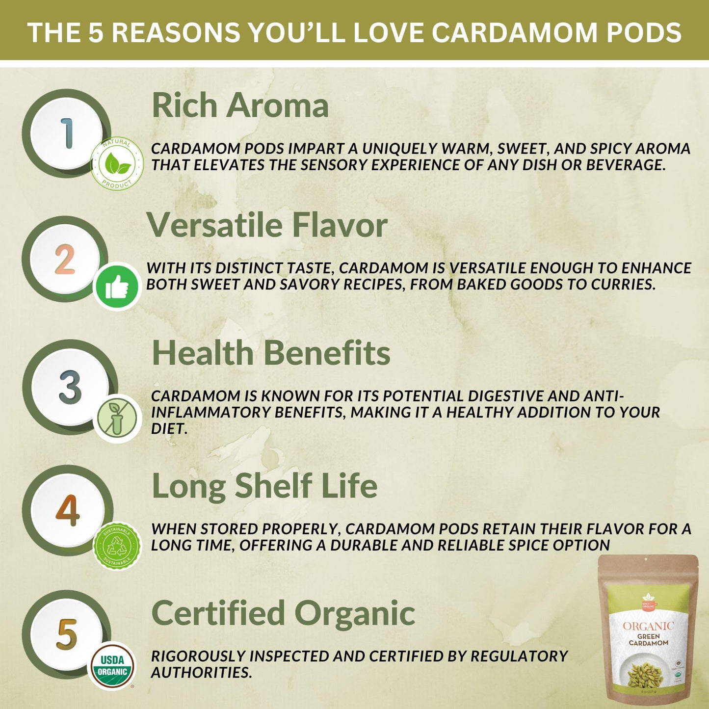 SPICY ORGANIC Green Cardamom Pods - 3 lb - Whole Cardamon Seeds for Authentic Spice Flavor, Natural Cardamon Pod for Tea, Cooking, and Baking- USDA
