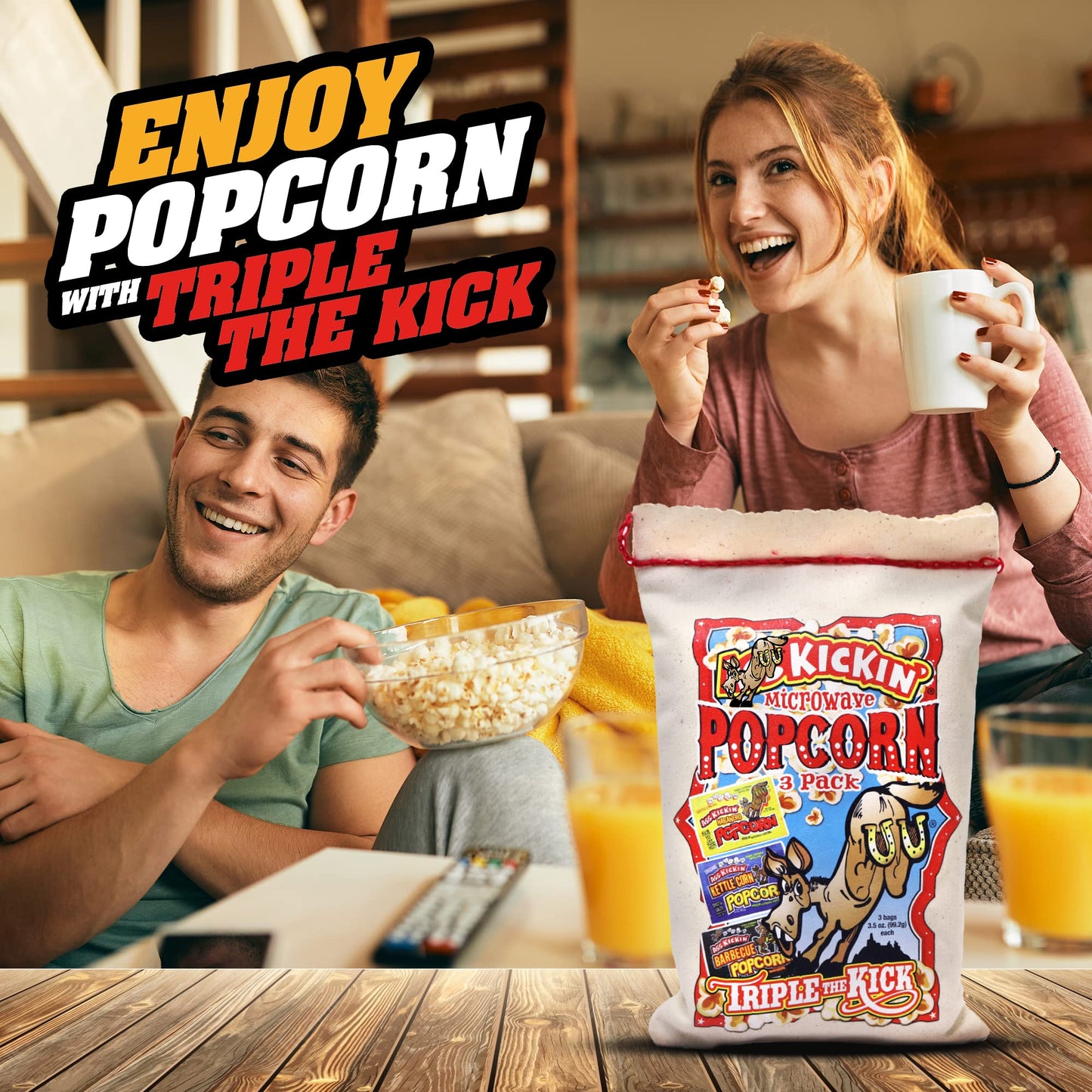 KICKIN’ Premium Microwave Popcorn - Popcorn Variety Pack (3) in Canvas Bag - Ultimate Sweet and Spicy Gourmet Gift - Makes a Great Movie Theater