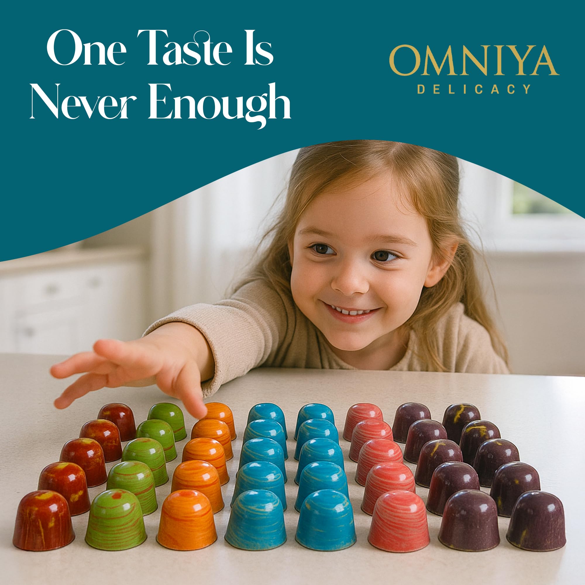 OMNIYA Delicacy Chocolate Galaxy Bonbon Box - 20 Artisan Bonbons with Gourmet Fillings - Pistachio, Hazelnut, Coffee, Cheesecake & Lemon - Luxury Gift