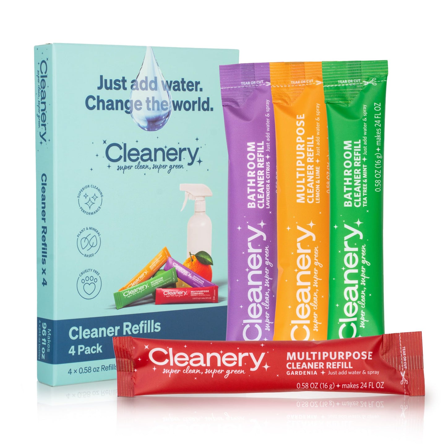 Cleanery Multi Purpose Household Cleaner Refill Powder Concentrate 4 Pack, 2 Multi Purpose and 2 Bathroom, Makes 24oz Each, 4 Fresh Scents