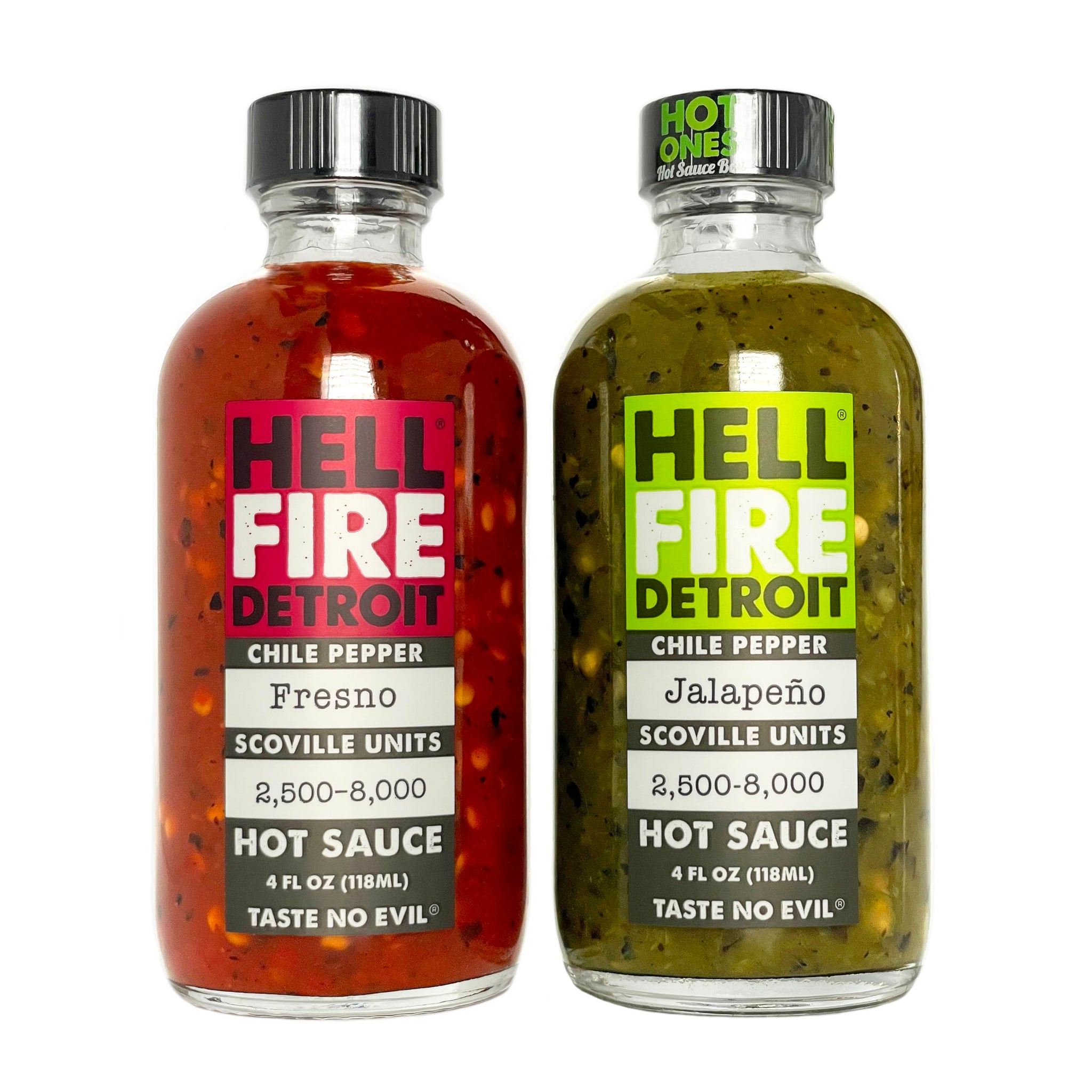 Hell Fire Detroit Fresno & Jalapeño Combo (Medium) Hot Sauce, Crafted with Fresh, Fire-Roasted Chile Peppers, All-Natural, Vegan, Gluten-Free, Low