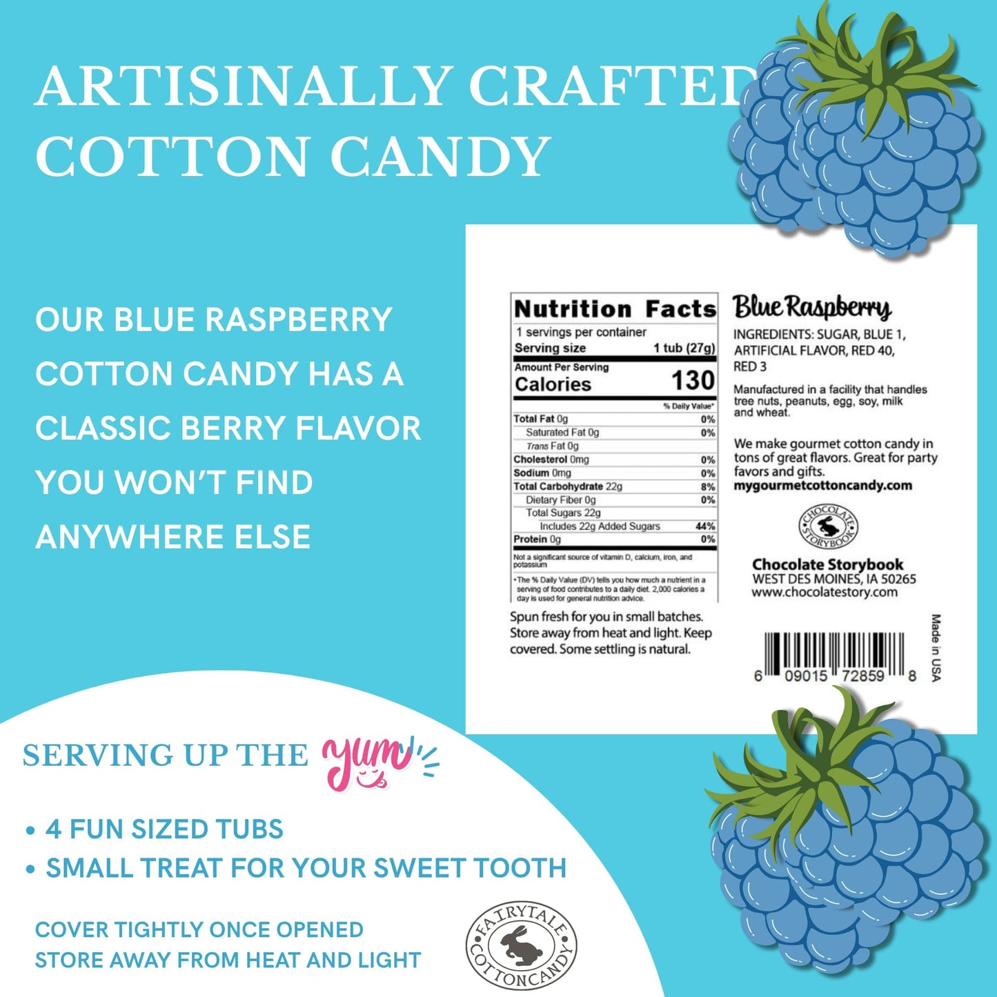 CHOCOLATE STORYBOOK Cotton Candy Party Pack - Unique Idea for Holidays, Birthdays, Gag Gifts, Favors (Blue Raspberry, 1 oz each, 4-Pack)
