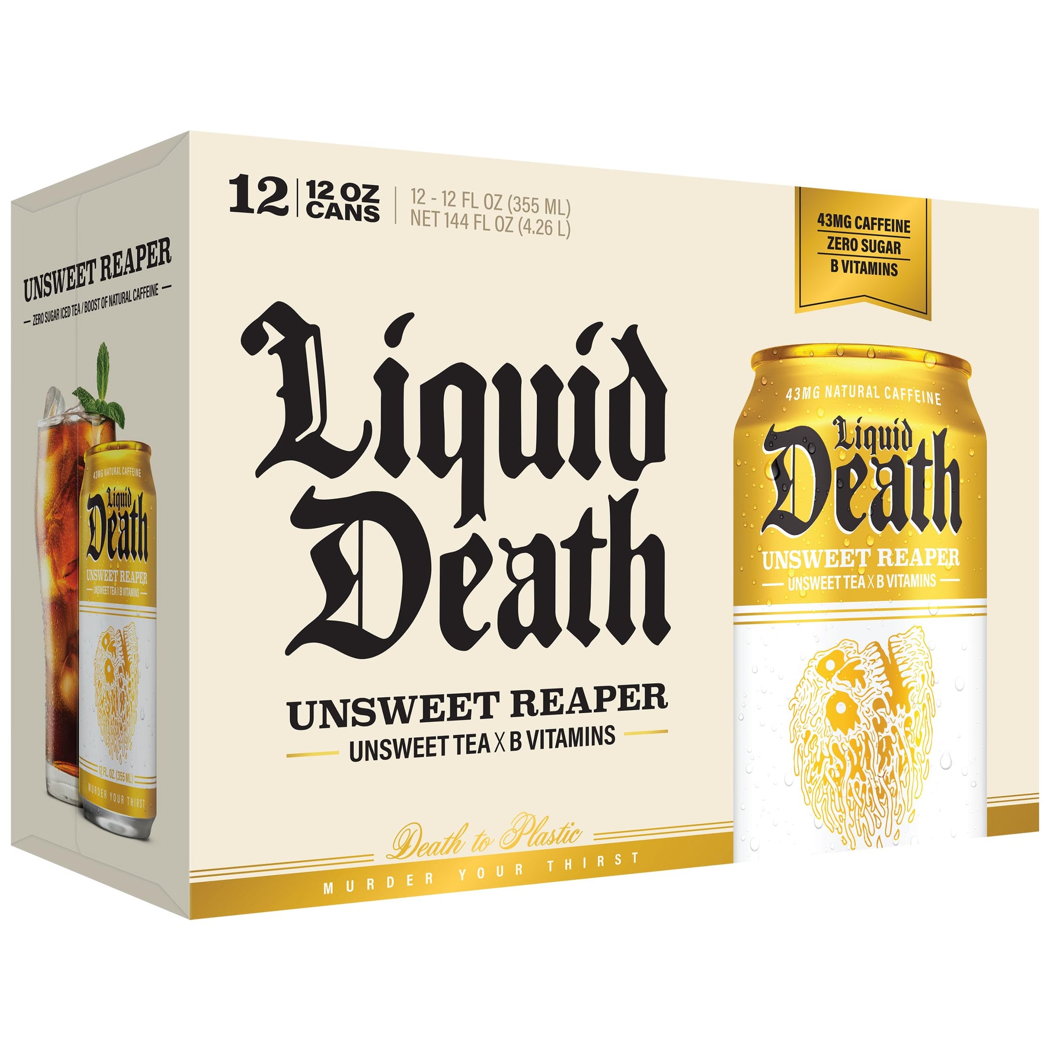 Liquid Death Iced Tea - Unsweet Reaper, Less Sugar*, Boost of Caffeine, B Vitamins, No Artificial Sweeteners, 12 Fl Oz (Pack of 12)