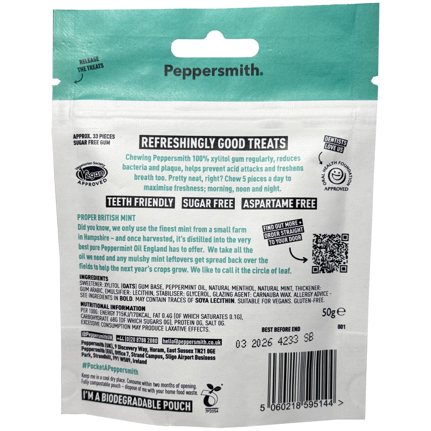 Peppersmith Mighty Box Sugar Free Peppermint Gums 50g (33 Pieces) Pack of 3