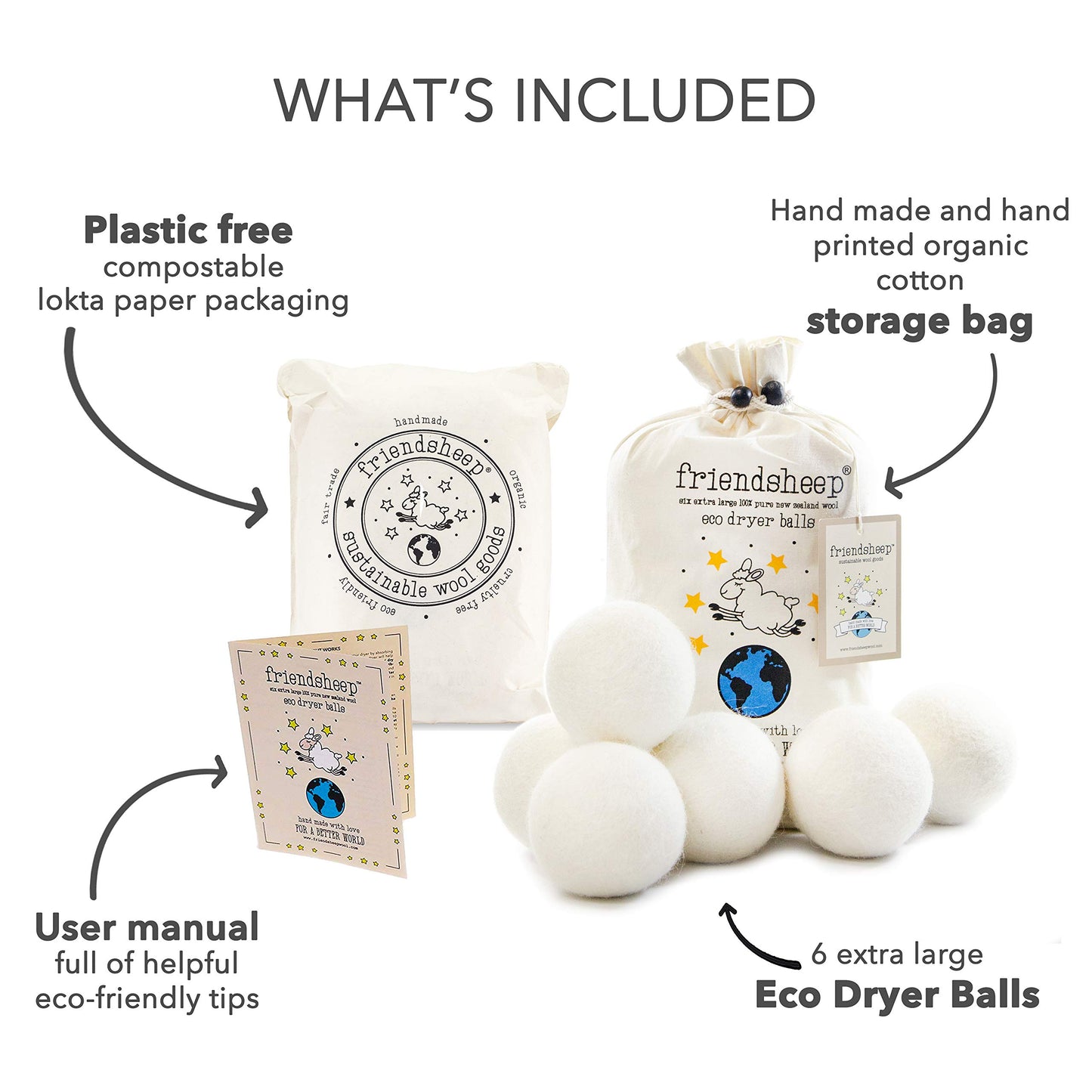 Friendsheep Wool Dryer Balls, Organic Reusable Fabric Softener Alternative for Laundry, Handmade, Fair Trade, Hypoallergenic, Eco-Friendly