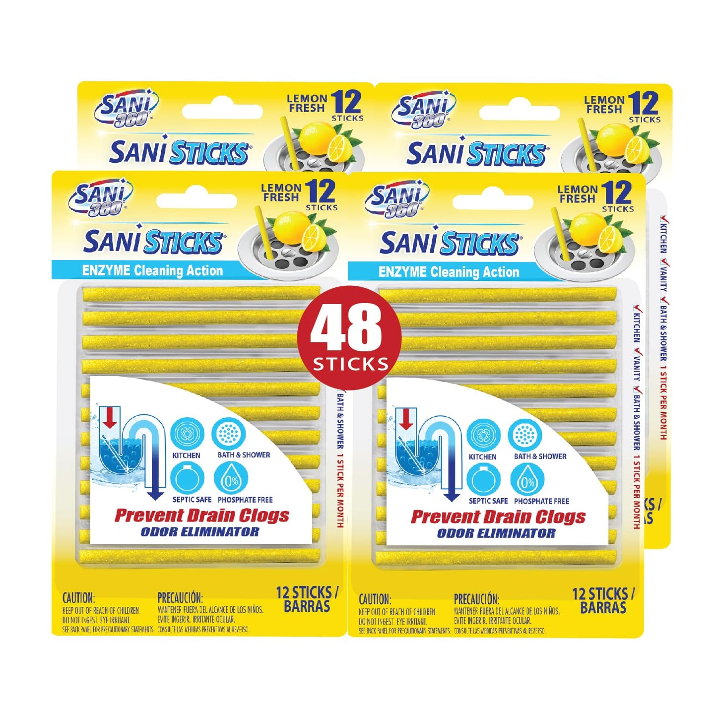 SANI 360° Sani Sticks Drain Cleaner and Deodorizer, 48 Count, Lemon Scent Enzyme Pipe Cleaners, Eliminate Odors, Prevent Clogged Drains, Safe