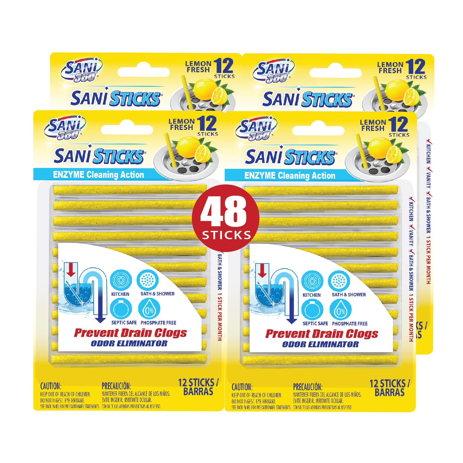 SANI 360° Sani Sticks Drain Cleaner and Deodorizer, 48 Count, Lemon Scent Enzyme Pipe Cleaners, Eliminate Odors, Prevent Clogged Drains, Safe