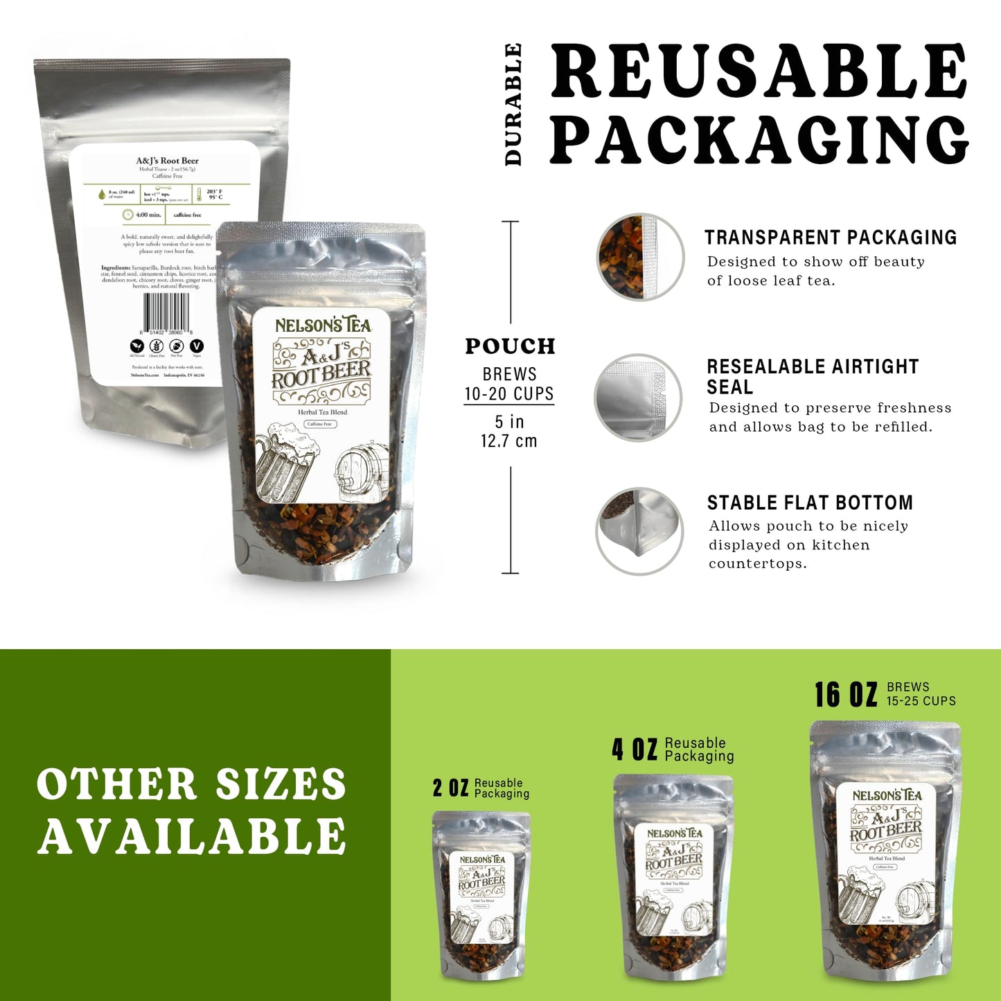 Nelson's Tea A&J's Root Beer - Cut & Sifted Sarsaparilla Root Tea Loose Leaf - Caffeine Free, Harmonious Herbal Blend of Burdock, Birch Bark