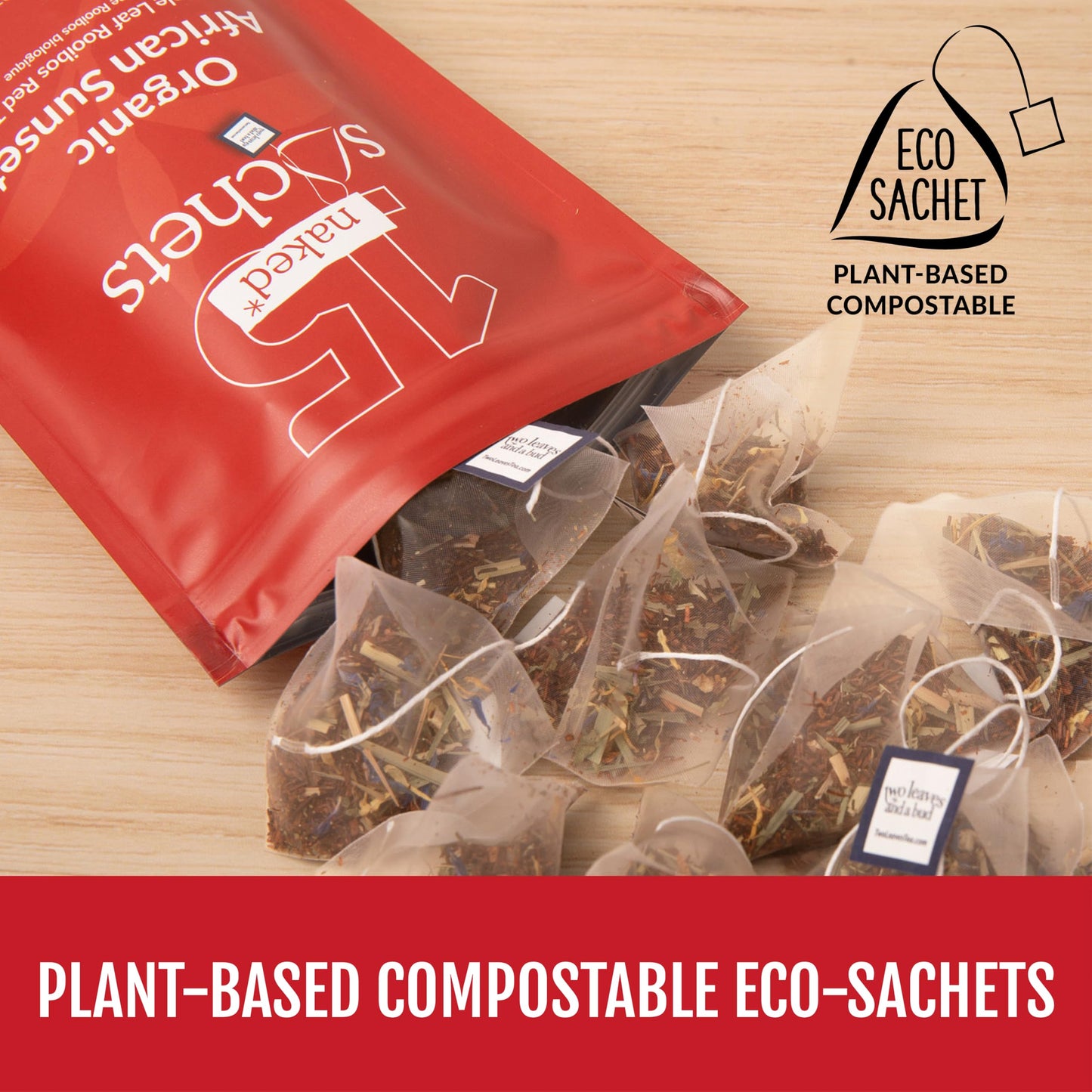 Two Leaves and a Bud Organic African Sunset - 15 Naked Tea Sachets, Naturally Caffeine Free, Whole Leaf Rooibos Herbal Tea in Unwrapped Pyramid