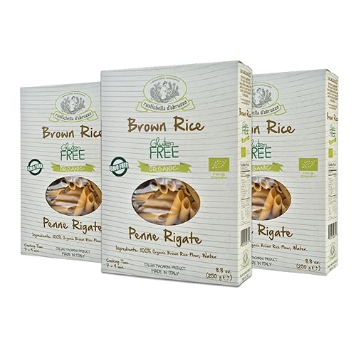 Rustichella d'Abruzzo Organic Brown Rice Penne Rigate (Pack of 3), 250g Each - Gluten-Free Pasta with Delicious Flavor - Artisan Crafted from Abruzzo