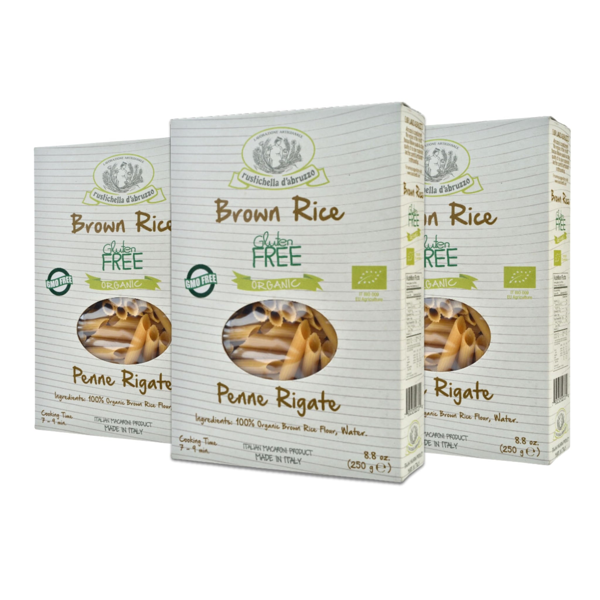 Rustichella d'Abruzzo Organic Brown Rice Penne Rigate (Pack of 3), 250g Each - Gluten-Free Pasta with Delicious Flavor - Artisan Crafted from Abruzzo