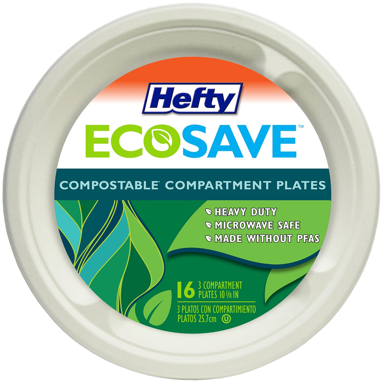 Hefty EcoSave Disposable Compartment Plates, Made from Plant Based Materials, Heavy Duty Paper Plates, 10 ? Inch, 16 Count (Pack of 4)