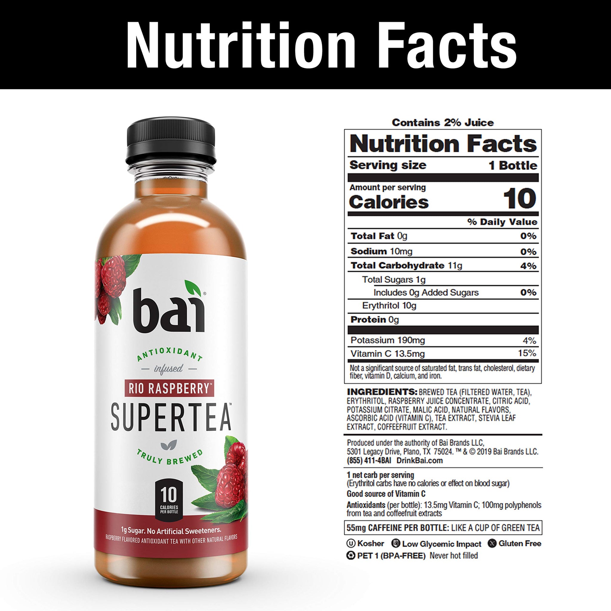 Bai Iced Tea, Rio Raspberry, Antioxidant Infused Supertea, Crafted with Real Tea (Black Tea, White Tea), 18 Fl Oz (Pack of 12)