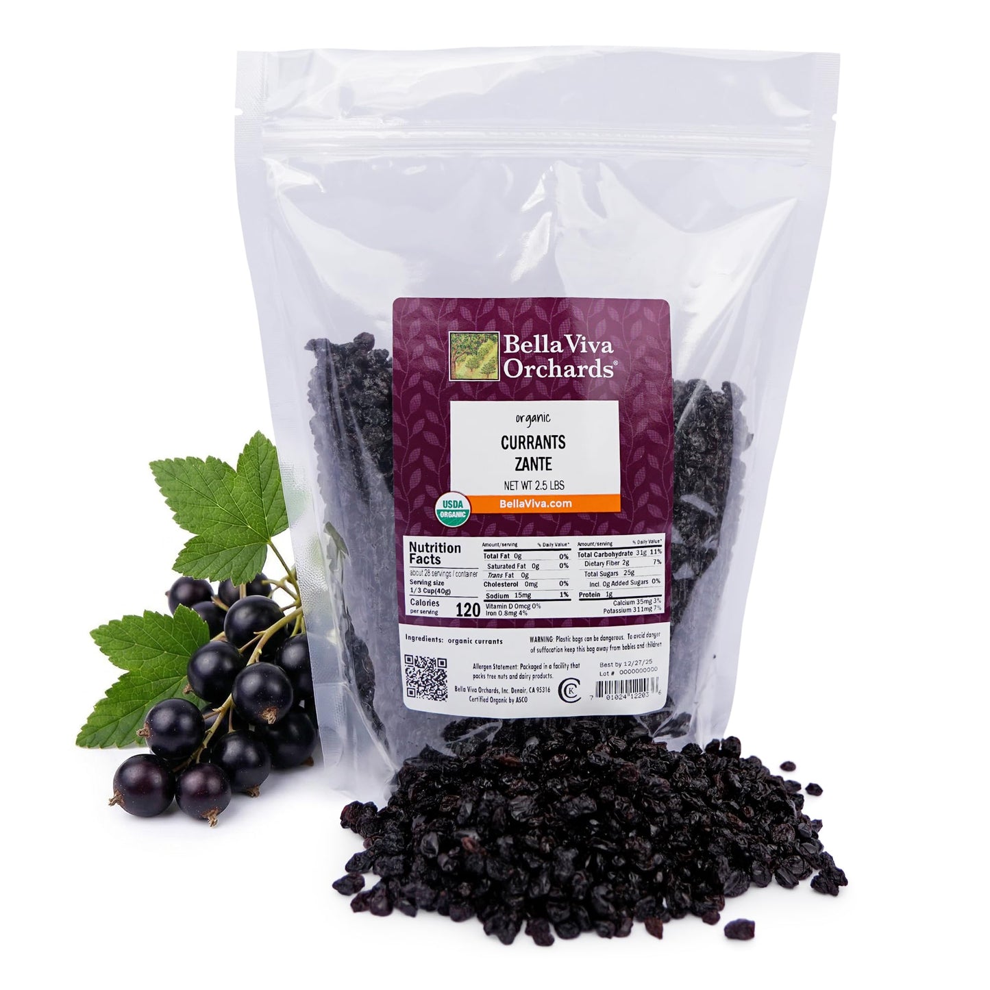 Bella Viva Dried Zante Currants, 2.5 lb - California Sun-Dried Organic Currants for Baking & Snacking - No Sugar Added, No Sulfites, No Oil - USDA