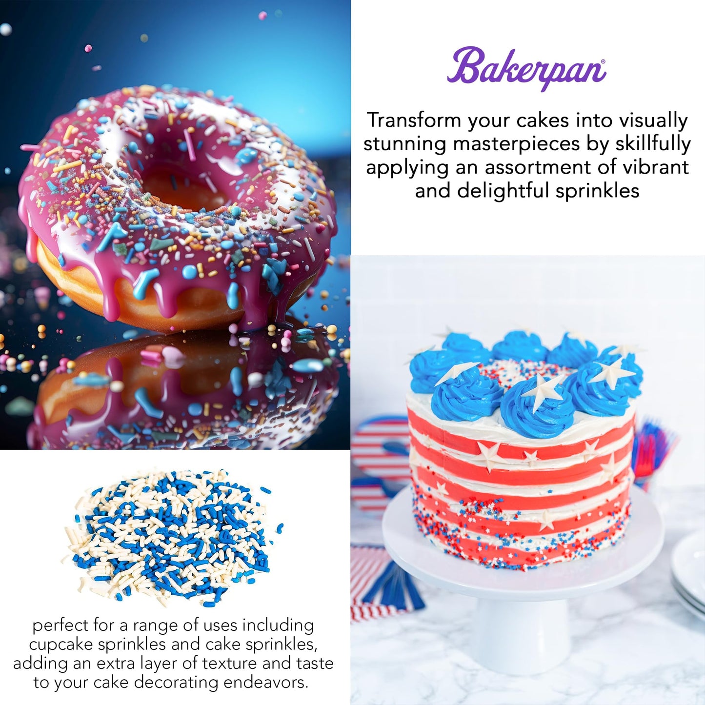 Bakerpan Blue and White Jimmies Sprinkles - 4.3 Ounces Sprinkles for Cake Decorating - Edible Blue Sprinkle for Cupcakes, Ice Cream, Cake Decorations