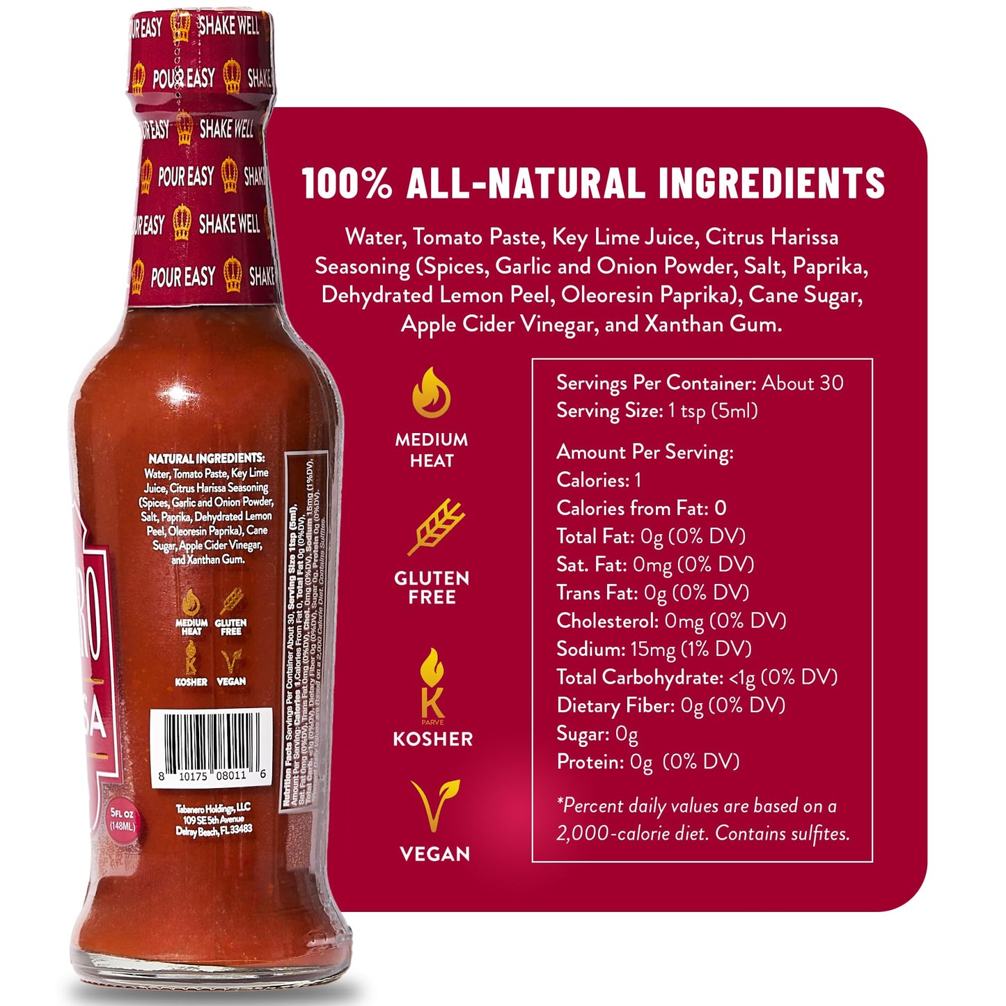 Tabañero Harissa Hot Sauce, Smoky Spice and Bold Flavor, North, Bottle, 5oz