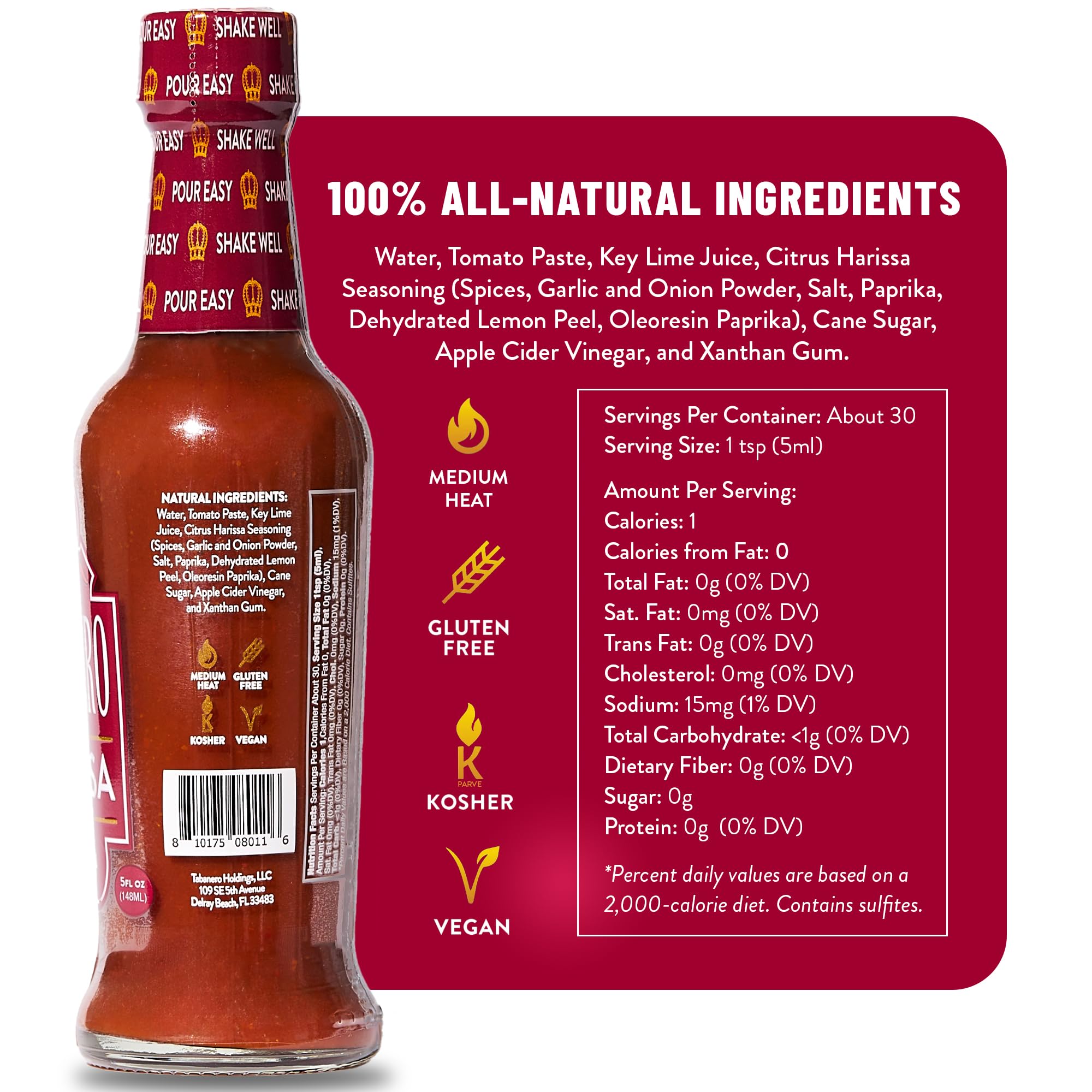Tabañero Harissa Hot Sauce, Smoky Spice and Bold Flavor, North, Bottle, 5oz
