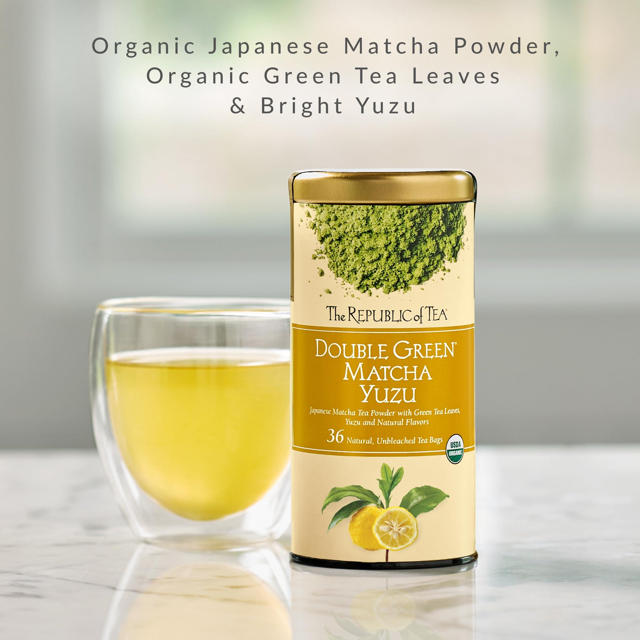 The Republic of Tea Organic Double Green Matcha Yuzu, Individual Tea Bags with Japanese Matcha Tea Powder and Green Tea Leaves Blend, Natural