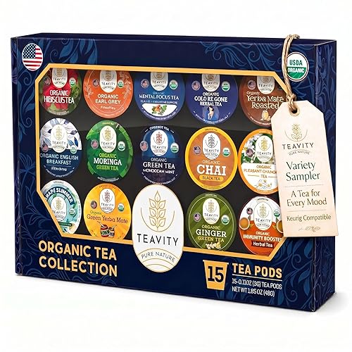 Organic Tea Pods Variety Pack - Assorted Sampler Pack Compatible for Keurig Brewer and Coffee Maker - Earl Grey, English Breakfast, Chai, Chamomile