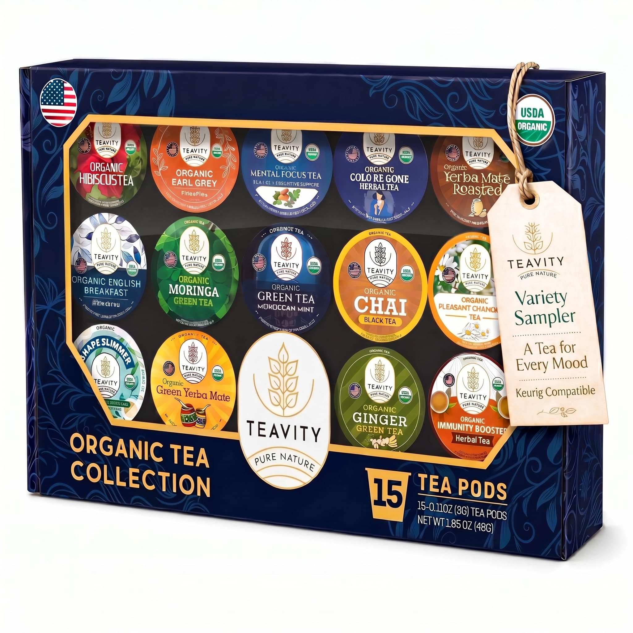 Organic Tea Pods Variety Pack - Assorted Sampler Pack Compatible for Keurig Brewer and Coffee Maker - Earl Grey, English Breakfast, Chai, Chamomile