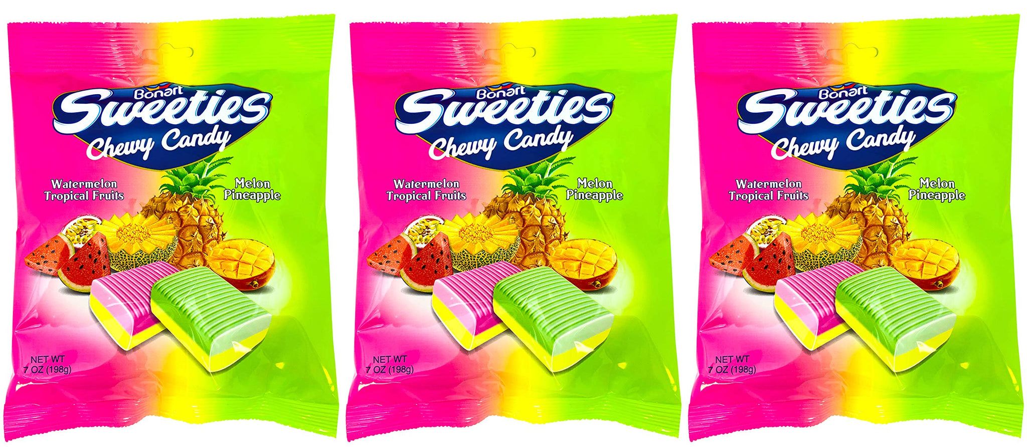 Bonart Sweeties Tropical Fruits Pack of 3 - Chewy Watermelon Tropical and Melon Pineapple Candy - 7 Ounce Bags